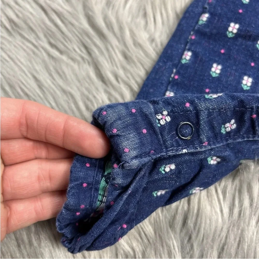 Vintage Oshkosh Bgosh Baby Girls Denim Blue White Pink Floral Overalls